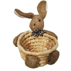 Easter Burlap Bunny With Woven Basket Wearing Black &White Checkered Bowtie